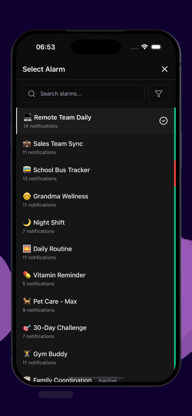 Alarm list showing multiple alarms